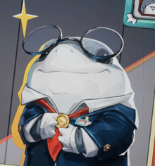 a cartoon frog wearing glasses and a medal around his neck