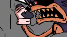 a close up of a cartoon character with a huge mouth and teeth holding something .