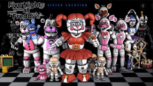 a group of five nights at freddy 's characters standing next to each other on a checkered background