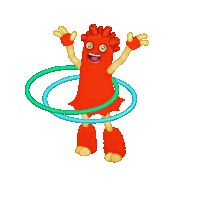 a red cartoon character is holding a hula hoop