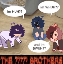 a group of cartoon characters are talking to each other in front of a cat litter box .