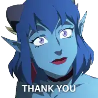 a cartoon character with blue hair and purple eyes says " thank you "