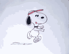 a drawing of snoopy running with a red hat