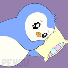 a blue and white penguin laying on a pillow with the word pengu in the corner