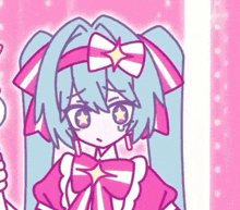 a cartoon girl with blue hair and a bow on her head is holding a lollipop .