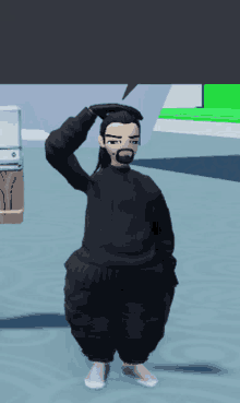 a man with a ponytail and a beard is wearing a black sweater and white socks