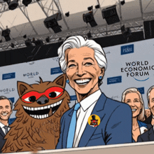 a cartoon of a woman holding a dog in front of a sign that says world economic forum