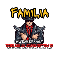 a man in a suit and tie is holding two guns in front of the words familia