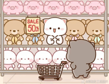 a cat in a shopping cart stands in front of a sale sign