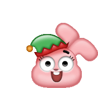 a pink bunny wearing a green elf hat on its head