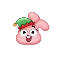 a pink bunny wearing a green elf hat on its head