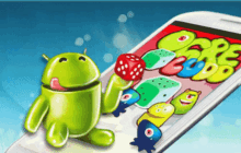 a green android holding a red dice in front of a phone that says dare 2000