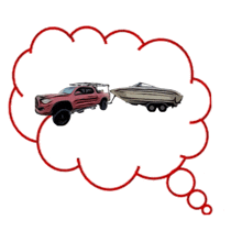 a red truck is pulling a boat with a thought bubble above it