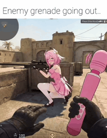a person holding a pink vibrator in front of a girl with a gun