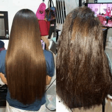 a before and after photo of a woman 's hair before and after being straightened .