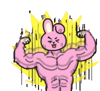 a cartoon of a pink bunny flexing his muscles with a yellow background