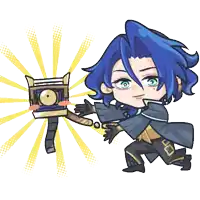 a cartoon character with blue hair is holding a box with a clock on it