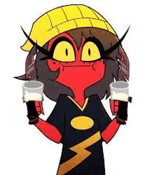 a cartoon character is holding two cups of liquid in her hands .