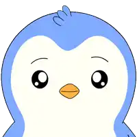 a blue and white penguin with a yellow beak is looking at the camera
