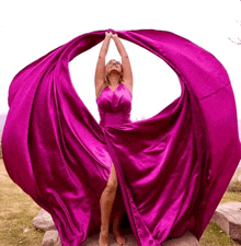 a woman in a long purple dress is standing on a rock holding a large purple cloth .