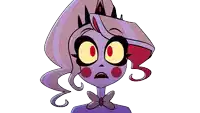 a cartoon character with purple hair and red eyes