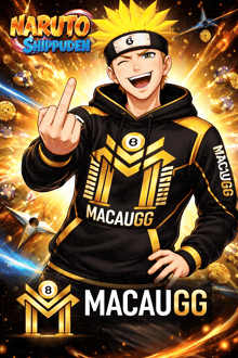 a poster for naruto shippuden with a man wearing a macaugg hoodie