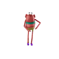 a cartoon character with long legs and purple shoes is walking