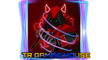 a logo for tr gaming house with a cartoon character in the middle