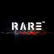 a logo for rare town with a cityscape in the background