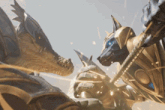 a statue of a dragon and a statue of a wolf standing next to each other