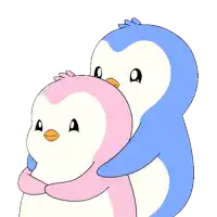 a cartoon of two penguins hugging each other with the word penguin behind them