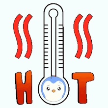 a thermometer with a penguin on it and the word hot behind it