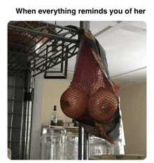 a bag of onions hanging on a rack with a caption that says " when everything reminds you of her "