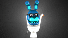 a blue bunny with glasses sits on a toilet