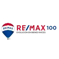 a re/max 100 logo with a hot air balloon in the middle