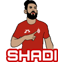 a cartoon drawing of a man with a beard pointing to the word shadi