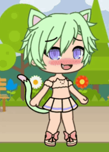 a cartoon girl with green hair and a cat tail is standing in a park