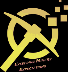 a logo for exceeding miners expectations with a pickaxe