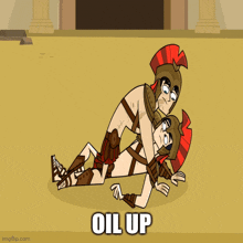 a cartoon of two men wrestling with the words oil up underneath them