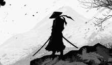 a black and white drawing of a samurai with a red hat holding a sword