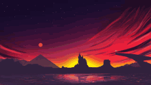 a painting of a sunset with a mountain in the distance