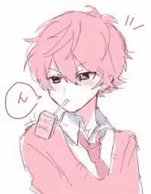 a drawing of a boy with pink hair drinking from a box with a straw .