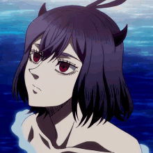 a girl with purple hair and red eyes is standing in the water