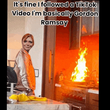 a woman standing in front of a burning stove with the caption it 's fine