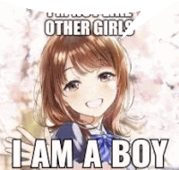 a girl in a school uniform is smiling and says i am a boy .