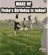 a group of cows are dancing in a field with the words wake up fishy 's birthday is today