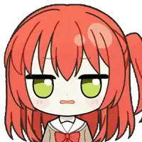 a cartoon girl with red hair and green eyes making a sad face