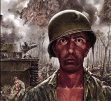 a painting of a soldier wearing a helmet in front of a tank