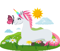 a unicorn with a rainbow mane is laying in a field of flowers with a butterfly on its nose