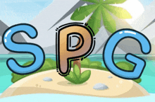 a cartoon illustration of a small island with the letters spg written on it